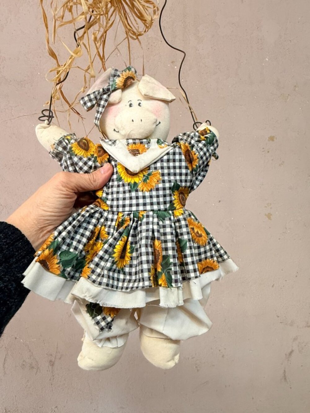 Vintage Cute Country Pig in Sunflower Dress Wall Door Hanging Handmade